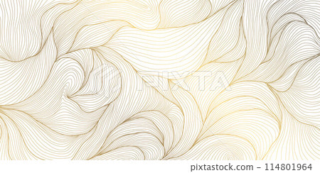 Vector abstract texture luxury background, line wave organic pattern. Elegant shape design, gold on white premium graphics, leaves ornament, glitter template 114801964