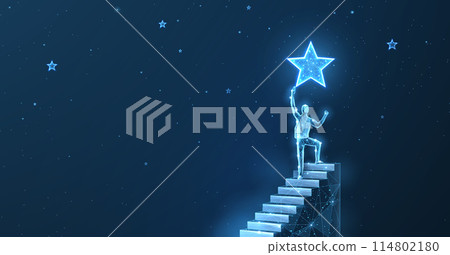 Man on the top of stair reach star. Achieve dream, Career growth, Reach goal, Success ladder Man on the top of stair reach star. Achieve dream, Career growth, Reach goal, Success ladder 114802180
