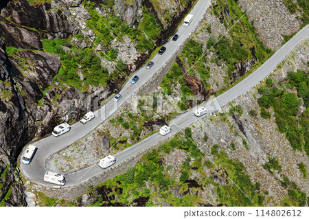 Traffic on Trollstigen serpentine road in Norway Traffic on Trollstigen serpentine road in Norway 114802612