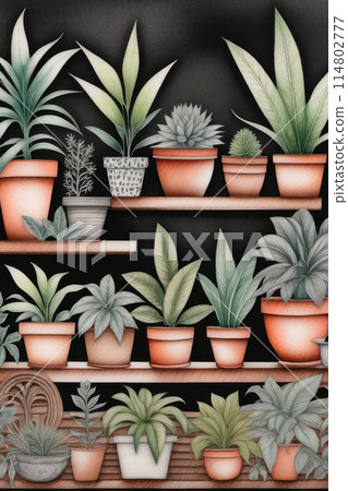 A row of houseplants in flowerpots on a wooden table in front of a blackboard. 114802777
