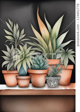 A row of houseplants in flowerpots on a wooden table in front of a blackboard. 114802778