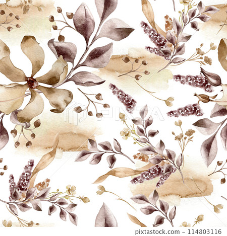 Delicate floral elements in sepia tones seamless watercolor pattern isolated. Flowers in monochrome patterns hand drawn. Vintage botanical background with leaves, berries, flowers on watercolor stains 114803116