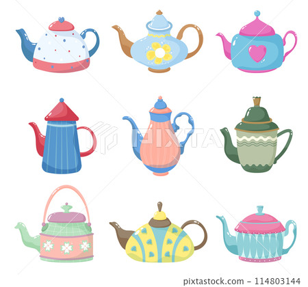 Cute teapots. Kitchen cartoon teapot or kettle decorative ceramic. Isolated modern coffee tea vector set 114803144