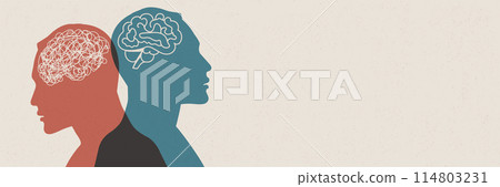 Metaphor bipolar disorder mind mental. Double face with tangle and untangle brain. Concept mood disorder.Split personality. 2 Head silhouette.Psychology. Mental health. Psychiatry 114803231