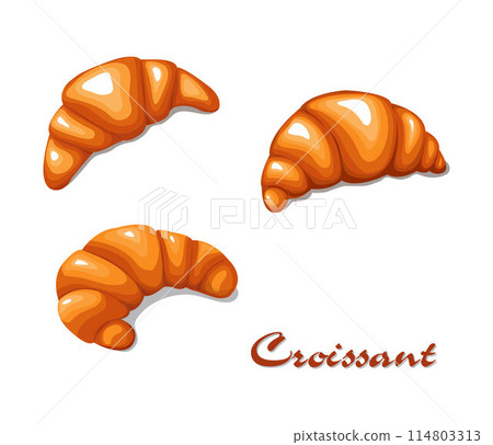 Croissant set in cartoon style. French pastry illustration. Plain croissant. Bakery croissant isolated on white background. For menu design cafe, bistro, restaurant, label, and packaging. Croissant set in cartoon style. French pastry illustration. Plain croissant. Bakery croissant isolated on white background. For menu design cafe, bistro, restaurant, label, and packaging. 114803313