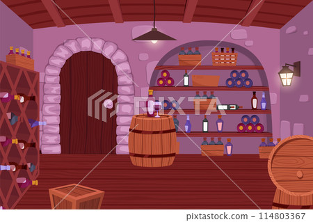 Wine shop, cellar interior with empty wooden shelves. Wine cellar interior. Alcohol shelving with wine champagne barrel. Alcohol beverage store in building basement. Cartoon vector illustration Wine shop, cellar interior with empty wooden shelves. Wine cellar interior. Alcohol shelving with wine champagne barrel. Alcohol beverage store in building basement. Cartoon vector illustration 114803367