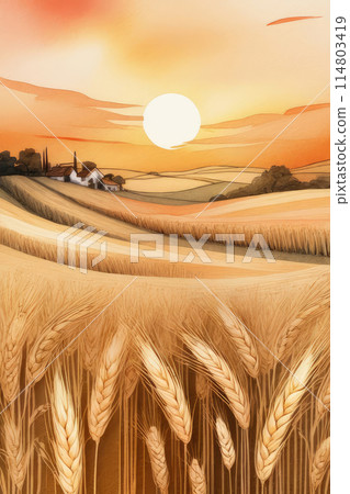 Watercolor composition of sunset lush wheat ripe field. 114803419