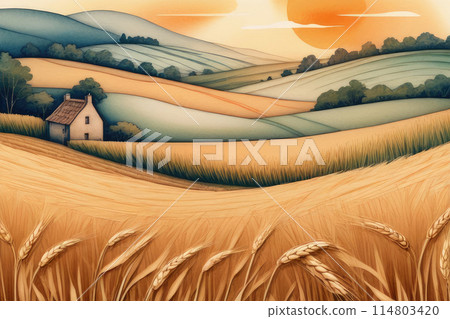 Watercolor composition of sunset lush wheat ripe field. 114803420
