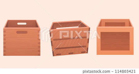 Cartoon wooden containers. Delivery containers, empty wood boxes and parcels, packed shipping crates. Boxes with packages, wooden crates with cargo, warehouse storage packaging concept. 114803421