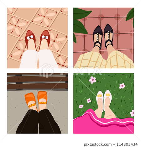 Travel blogger legs selfie. Feet in different places like home, beach, street, coworking, cafe, bathroom. Top view. Vector illustration EPS10 Travel blogger legs selfie. Feet in different places like home, beach, street, coworking, cafe, bathroom. Top view. Vector illustration EPS10 114803434