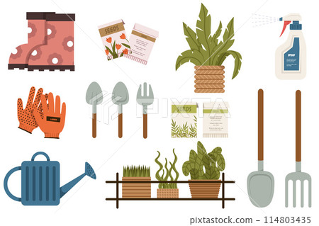 Garden furniture. Botanical garden. Concept of home gardening, flowers and plants at home and outdoor. Gardening equipment. 114803435