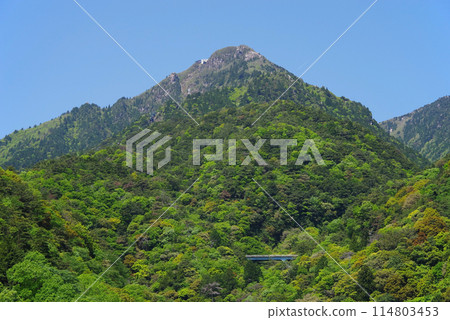 鮮綠的御在所山【從三重縣菰野町湯野山鴨鹿大橋眺望】 鮮綠的御在所山【從三重縣菰野町湯野山鴨鹿大橋眺望】 114803453