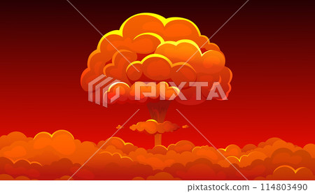 Nuclear explosion. Symbol of nuclear war, end of world. Atomic bomb blast isolated on dark background. Nuclear explosion. Symbol of nuclear war, end of world. Atomic bomb blast isolated on dark background. 114803490