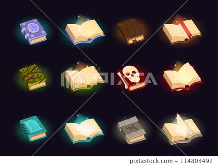 Open and closed magic books of spells. Fantasy alchemy grimoires, closed and open wizard diary with mysterious glow and sparks. Witchcraft game ancient volumes with esoteric recipes Open and closed magic books of spells. Fantasy alchemy grimoires, closed and open wizard diary with mysterious glow and sparks. Witchcraft game ancient volumes with esoteric recipes 114803492