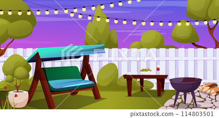Home backyard with trees and furniture. Cartoon exterior and landscape, trees and bushes. Vector illustration EPS10 Home backyard with trees and furniture. Cartoon exterior and landscape, trees and bushes. Vector illustration EPS10 114803501