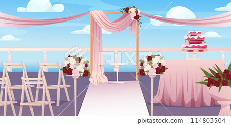 Wedding ceremony outdoor setup. Wedding ceremony setup with arch draped with ribbons and decorations. Vector illustration 114803504