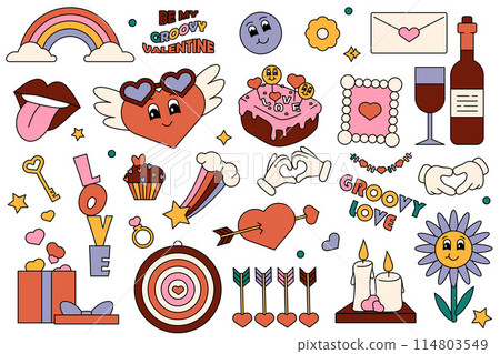 Retro Valentines day sticker. Cartoon groovy romantic elements, holiday hippy characters. 14 of February groovy fun illustrations. Cartoon romantic 60s, 70s vintage Happy Valentine's day stickers 114803549