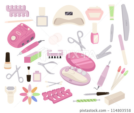 Manicure tools salon accessories and equipment for nails care flat. Cartoon professional hand nail care tools, stylish icons of hand nails polish and pedicure treatment, manicure top view. 114803558