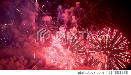 Red Firework celebrate anniversary in night time celebrate national holiday. Happy new year 2024, 4th of july holiday festival. Red firework Countdown to new year 2024 festival party time event Red Firework celebrate anniversary in night time celebrate national holiday. Happy new year 2024, 4th of july holiday festival. Red firework Countdown to new year 2024 festival party time event 114803588