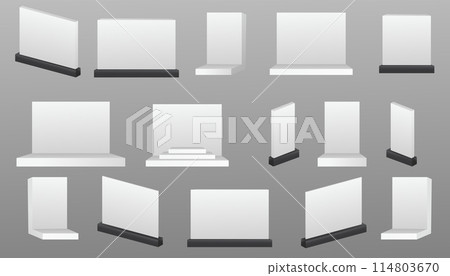 Scene show Podium for presentations. White exhibition stand with desk presentation room. Vector white blank geometric square. Presentation room display. White creative exhibition stand design. Scene show Podium for presentations. White exhibition stand with desk presentation room. Vector white blank geometric square. Presentation room display. White creative exhibition stand design. 114803670