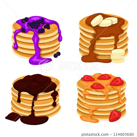 Set of four pancakes with different toppings. Stacks of tasty pancakes with maple syrup, butter, chocolate syrup, fruits and jam. Hotcake morning cuisine. Set of four pancakes with different toppings. Stacks of tasty pancakes with maple syrup, butter, chocolate syrup, fruits and jam. Hotcake morning cuisine. 114803680