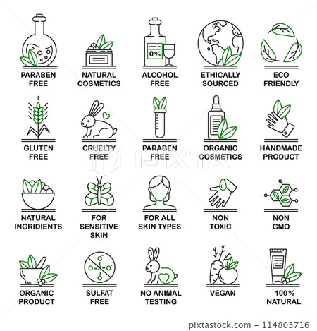 Organic cosmetics icons. No animal tested, natural icons vector set. Eco friendly cruelty free line badges for beauty products Organic cosmetics icons. No animal tested, natural icons vector set. Eco friendly cruelty free line badges for beauty products 114803716