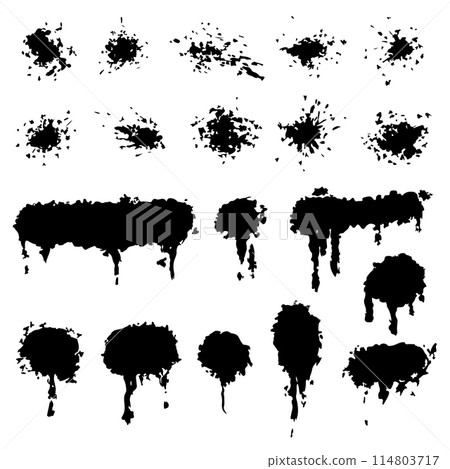 Drops and sprays of ink. Black paint splatters. Blotter spots, liquid paint drip drop splash and ink splatter. Artistic dirty grunge abstract spot vector set. 114803717