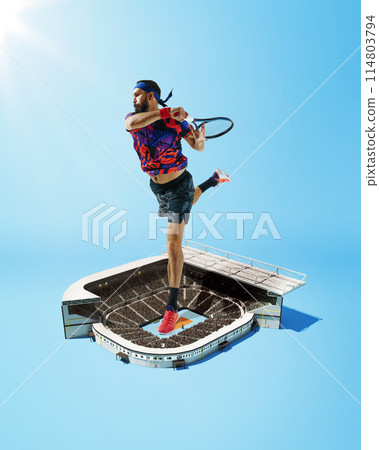 Dynamic image of competitive and focused man, tennis player in motion during game over small stadium. Creative collage. 3D render. 114803794