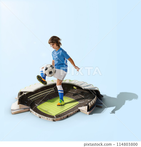 Young boy, child in uniform playing with ball over small stadium. Dynamic childhood. Creative collage. 3D render. Young boy, child in uniform playing with ball over small stadium. Dynamic childhood. Creative collage. 3D render. 114803800