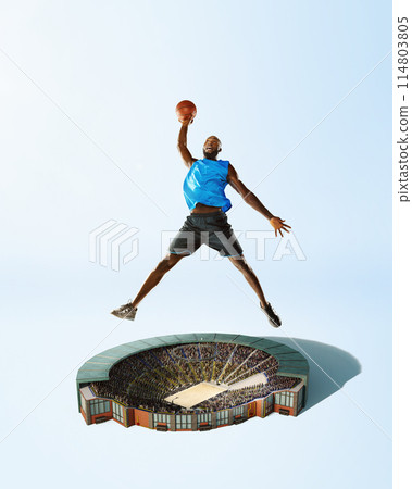 African-American man, basketball player in mid-air pose with ball over stadium, playing. Focused champion. Creative collage. 3D render. 114803805