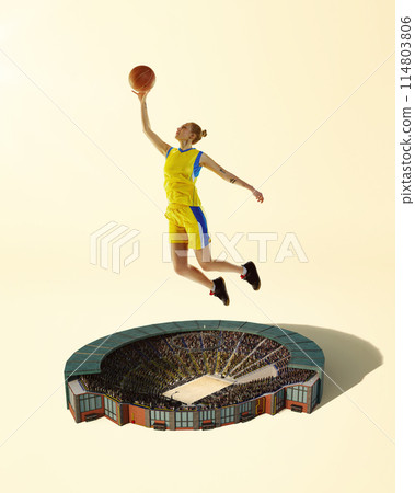 3D render. Dynamic image of young girl in yellow uniform with ball, basketball player during game above stadium. Creative collage. 114803806