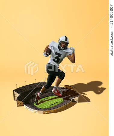 Competitive and focused man, American football player in motion during match, running above stadium. Creative collage. 3D render. 114803807