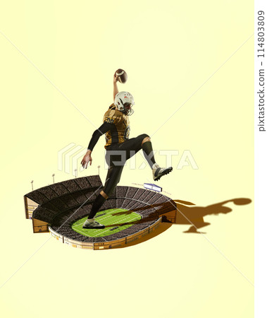 Dynamic image of motivated man, American football player in motion over stadium, playing, competing to win. Creative collage. 3D render. 114803809