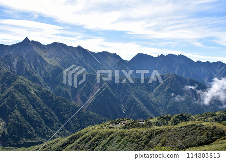 從矢鹿岳向南延伸的穗高山脊線,前景為中崎山脊和鏡平 從矢鹿岳向南延伸的穗高山脊線,前景為中崎山脊和鏡平 114803813