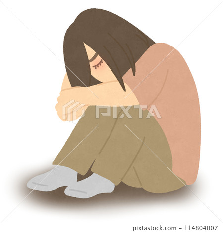 一個女人蹲下來抱著膝蓋 一個女人蹲下來抱著膝蓋 114804007