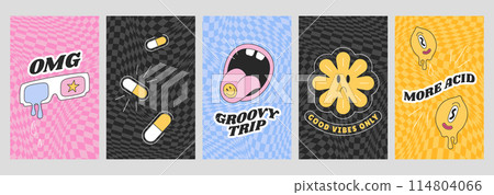 Psychedelic checkerboards or checkered seamless patterns with groovy flower and retro stickers Psychedelic checkerboards or checkered seamless patterns with groovy flower and retro stickers 114804066