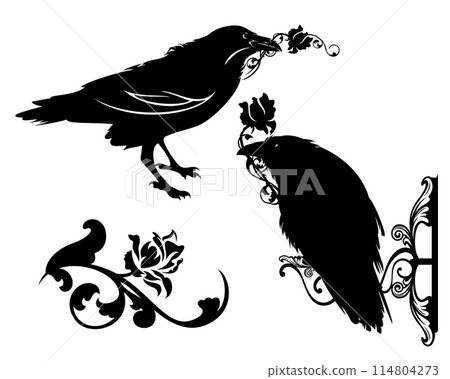 black raven birds holding rose flowers vector silhouette design set 114804273