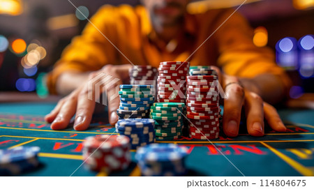 Image of betting all your chips in a casino 114804675