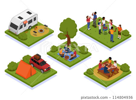 Isometric picnic mini composition set collection with families having lunch in a park and a camper Isometric picnic mini composition set collection with families having lunch in a park and a camper 114804936