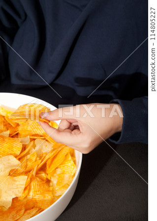 Caucasian person in navy blue t-shirt holding plate full of potato chips and preparing to eat 114805227