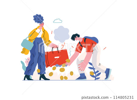 Mutual Support: Pick up fallen item -modern flat vector concept illustration of man collecting fruits that fell from woman's bag A metaphor of voluntary, collaborative exchanges of resource, services 114805231