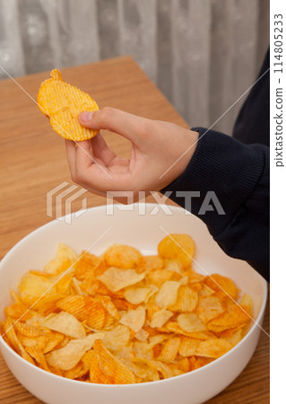 Caucasian person in navy blue t-shirt holding plate full of potato chips and preparing to eat 114805233