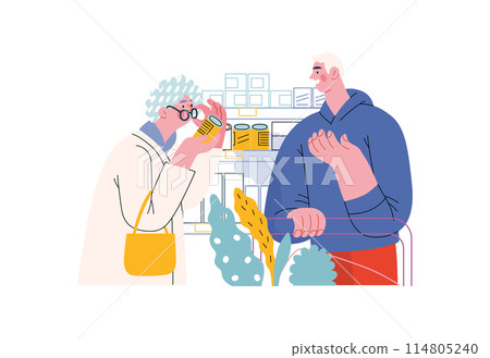 Mutual Support: Helping a visually impaired person -modern flat vector concept illustration of man offering to read label for woman in supermarket A metaphor of voluntary, collaborative exchanges Mutual Support: Helping a visually impaired person -modern flat vector concept illustration of man offering to read label for woman in supermarket A metaphor of voluntary, collaborative exchanges 114805240