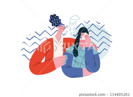 Mutual Support: Emotional aid and support -modern flat vector concept illustration of a woman comforting her friend in her sorrow A metaphor of voluntary, collaborative exchanges of resource, services 114805261