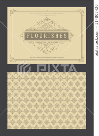 Vintage ornament greeting card calligraphic ornate swirls and vignettes frame design vector template Vintage ornament greeting card calligraphic ornate swirls and vignettes frame design vector template 114805426