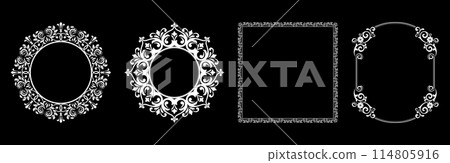 Set of decorative frames Elegant vector element for design in Eastern style, place for text. Floral black and white borders. Lace illustration for invitations and greeting cards. 114805916