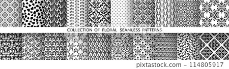 Geometric floral set of seamless patterns. White and black vector backgrounds. Damask graphic ornaments. 114805917