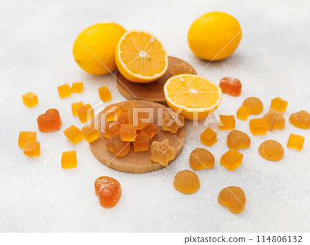 No sugar candied fruit jelly with lemon citrus fruits. Flat lay, top view 114806132