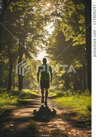 Sportsman does morning exercises against the backdrop of a spring forest, Sportsman does morning exercises against the backdrop of a spring forest, 114806247