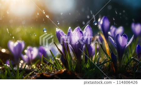 Close up of saffron flowers in a field with sunset lights. Generated AI 114806426